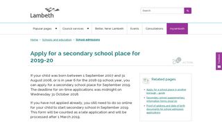 Apply for a secondary school place for 2019-20 | Lambeth Council