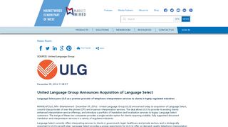United Language Group Announces Acquisition of Language Select