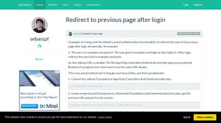 Redirect to previous page after login | Laravel.io