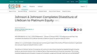 Johnson & Johnson Completes Divestiture of LifeScan to Platinum ...