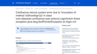 Confluence returns system error due to 'Invocation of method ...