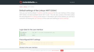 Default settings of the Linksys WRT1200AC - routerdefaults.org