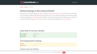 Default settings of the Linksys EA3500 - routerdefaults.org