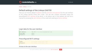 Default settings of the Linksys EA6700 - routerdefaults.org
