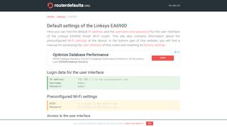 Default settings of the Linksys EA6900 - routerdefaults.org