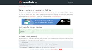 Default settings of the Linksys EA7300 - routerdefaults.org