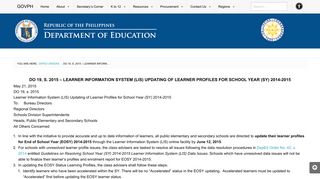 DO 19, s. 2015 – Learner Information System (LIS) Updating ... - DepEd