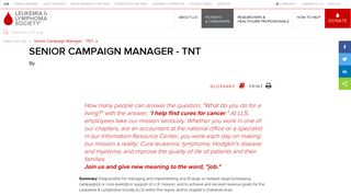 Senior Campaign Manager - TNT | Leukemia and Lymphoma Society