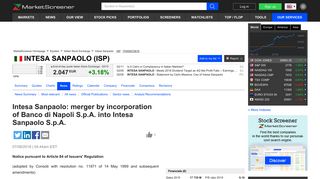 Intesa Sanpaolo: merger by incorporation of Banco di Napoli S.p.A. ...