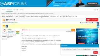 ASP.Net MVC Error: Cannot open database Login failed for user NT ...