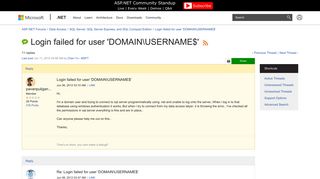 Login failed for user 'DOMAINUSERNAME$' | The ASP.NET Forums