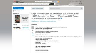 Login failed for user 'sa'. (Microsoft SQL Server, Error: 18456 ...