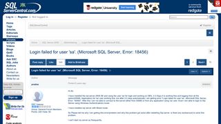 Login failed for user 'sa'. (Microsoft SQL Server, Error: 18456 ...