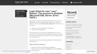 Login failed for user “user”. Reason: The account is disabled ...