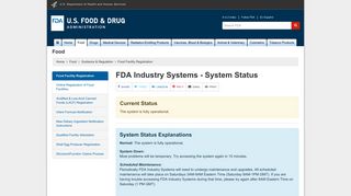 Food Facility Registration > FDA Industry Systems - System Status
