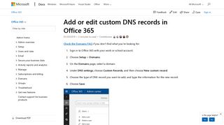 Add or edit custom DNS records in Office 365 | Microsoft Docs