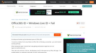 [SOLVED] Office365 ID = Windows Live ID = Fail - Spiceworks Community