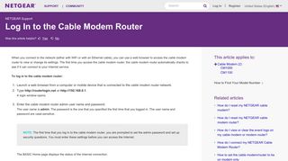Log In to the Cable Modem Router | Answer | NETGEAR Support