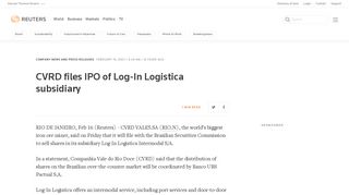 CVRD files IPO of Log-In Logistica subsidiary | Reuters