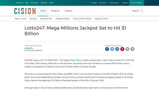 Lotto247: Mega Millions Jackpot Set to Hit $1 Billion - Canada NewsWire