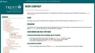 RACER: Login Help | Trent University Library
