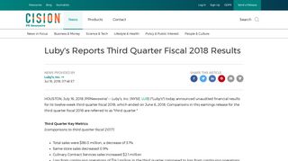 Luby's Reports Third Quarter Fiscal 2018 Results - PR Newswire