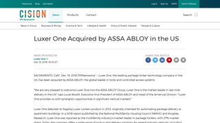 Luxer One Acquired by ASSA ABLOY in the US - PR Newswire