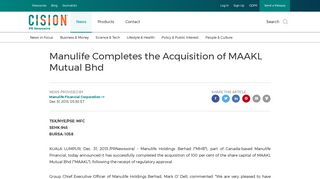 Manulife Completes the Acquisition of MAAKL Mutual Bhd