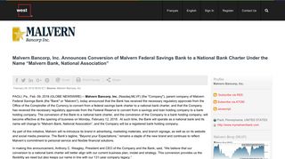 Malvern Bancorp, Inc. Announces Conversion of Malvern Federal ...