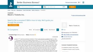 Mark's Tickets Inc. | Complaints | Better Business Bureau® Profile