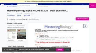 MasteringBiology login BIO100 Fall 2016 - Dear Student In this course ...
