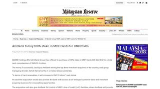 AmBank to buy 100% stake in MBF Cards for RM623.4m - The ...