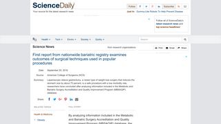 First report from nationwide bariatric registry examines outcomes of ...