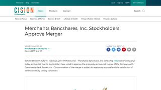 Merchants Bancshares, Inc. Stockholders Approve Merger
