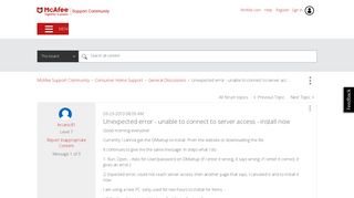 McAfee Support Community - Unexpected error - unable to connect to ...