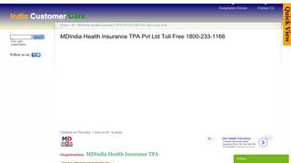 MDIndia Health Insurance TPA Pvt Ltd Toll Free 1800-233-1166 ...