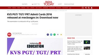 KVS PGT/ TGT/ PRT Admit Cards 2016 released at mecbsegov.in ...