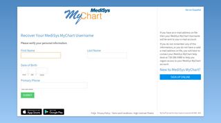 MediSys MyChart - Login Recovery Page