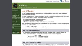 MI DNR - eLicense - List of Items