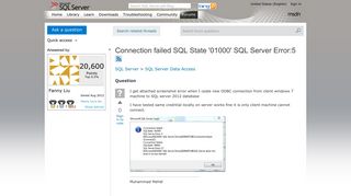 Connection failed SQL State '01000' SQL Server Error:5 - MSDN ...