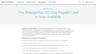 The MileagePlus GO Visa Prepaid Card is Now Available - Netspend