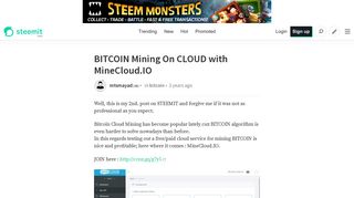 BITCOIN Mining On CLOUD with MineCloud.IO — Steemit