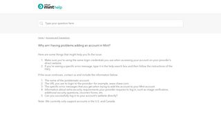 Why am I having problems adding an account in Mint?