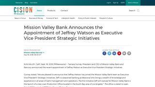 Mission Valley Bank Announces the Appointment of Jeffrey Watson as ...