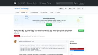 'Unable to authorize' when connect to mongolab sandbox · Issue #949 ...