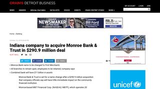 Indiana company to acquire Monroe Bank & Trust in $290.9 million deal