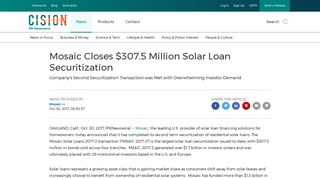 Mosaic Closes $307.5 Million Solar Loan Securitization - PR Newswire