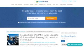Mosaic Sells $300M in Solar Loans to Goldman Bank Freeing it to ...