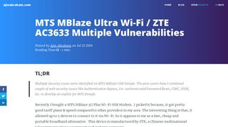 MTS MBlaze Ultra Wi-Fi / ZTE AC3633 Multiple Vulnerabilities
