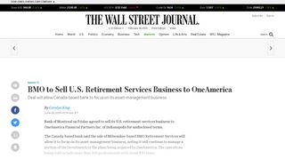 BMO to Sell U.S. Retirement Services Business to OneAmerica - WSJ